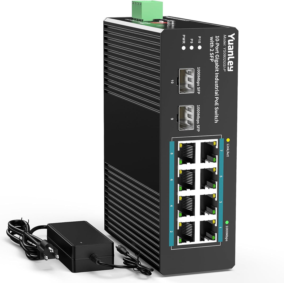 YuanLey 10 Port Industrial Switch with 8 Port PoE Gigabit & 2X SFP Port, Unmanaged PoE Switch with 120W Power Adapter, IEEE802.3af/at, VLAN & RSTP, Din-Rail PoE Switch for IP Camera, VoIP Phones,AP