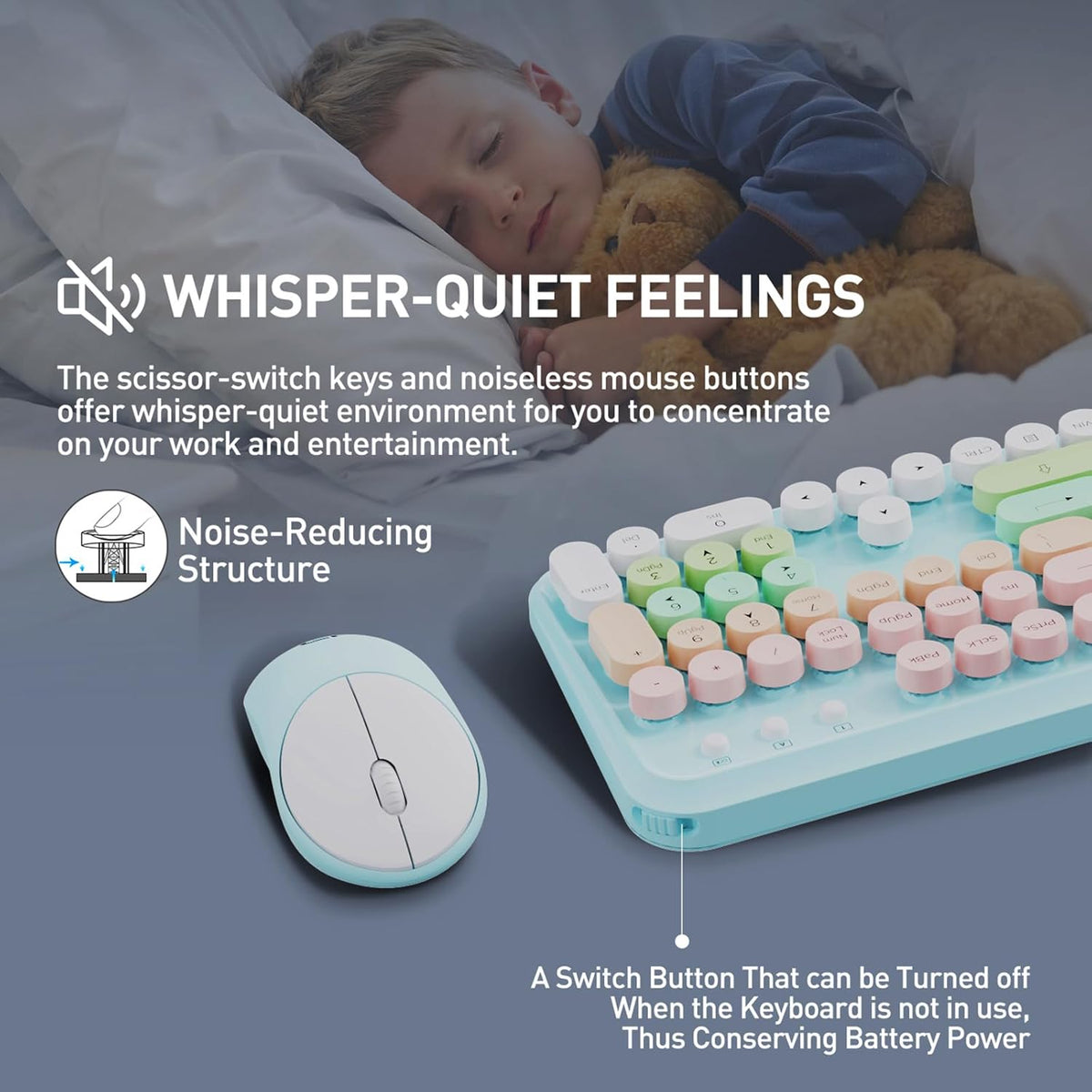 Wireless Keyboard and Mouse Set, 105 Round Keys Full-Size Cute Colorful Keyboard and Mouse with Retro Typewriter for PC/Mac/Laptop/Tablet/Computer/Windows Light Blue