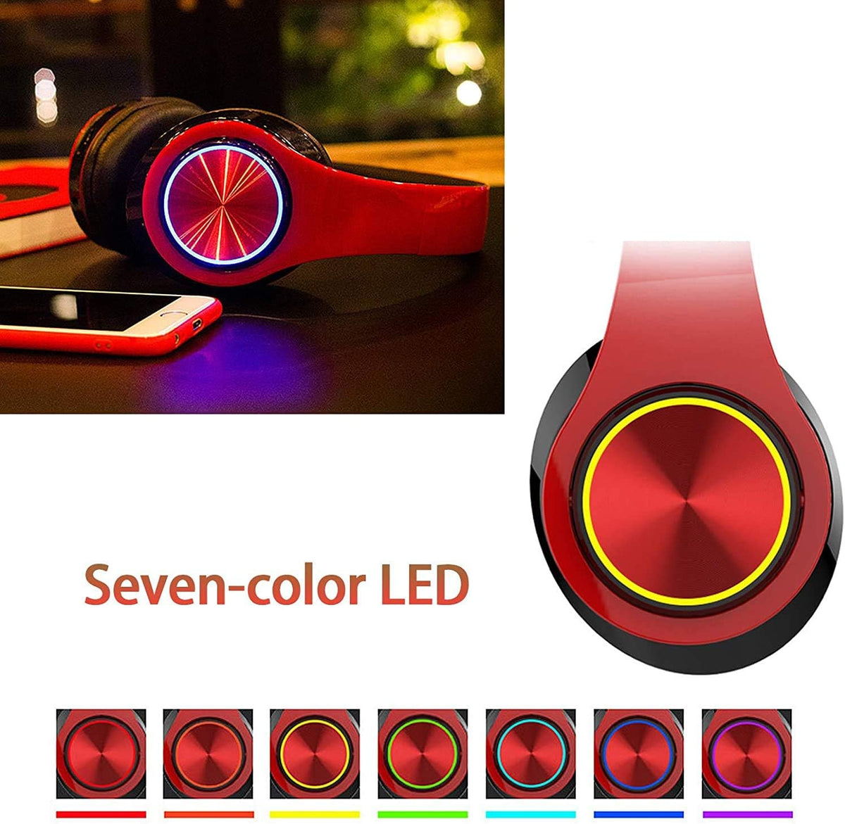 Bluetooth Over Ear Headphones with Deep Bass, LED Foldable Stereo, Wired and Wireless Headset for Smart Phone/TV/PC