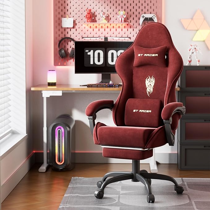 Ferghana Velvet Fabric Gaming Chair Ergonomic Gamer Chair for Adult Comfortable Video Game Chair with Footrest and Massage Lumbar Cushion Racing Reclining Office Home Computer Desk Chair Red