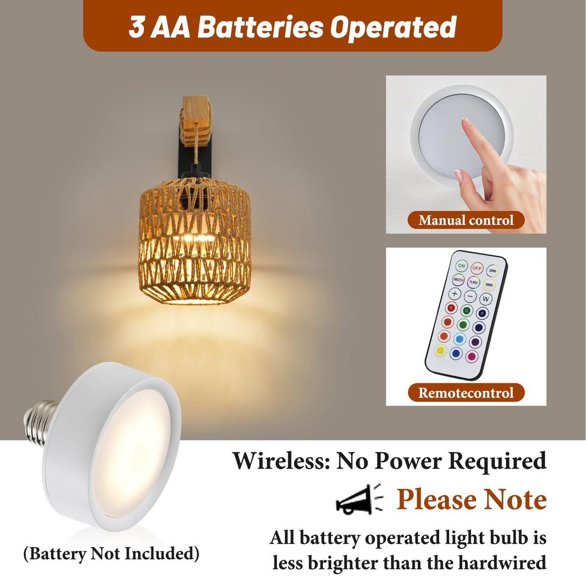 NOVCAND Boho Battery Operated Wall Sconce Set of Two, Rattan Cordless Wall Sconces with Remote,Wireless Sconces Set of 2 for Bedroom,Living
