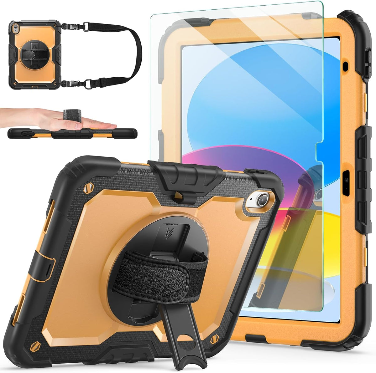 Ambison Case for iPad A16 11th/10th Generation 11"/10.9'' 2025/2022,Heavy Duty Shockproof Case with Tempered Glass Screen Protector, 360° Rotating Handle Strap&Stand,Shoulder Strap-Yellow