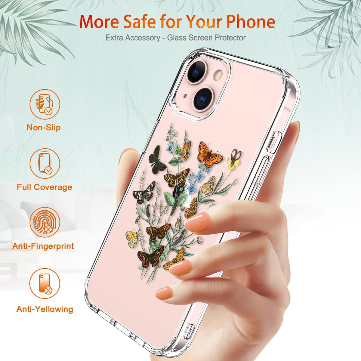 GiiKa iPhone 13 Case with Screen Protector, Clear Protective Floral Shockproof Hard Case with TPU Bumper