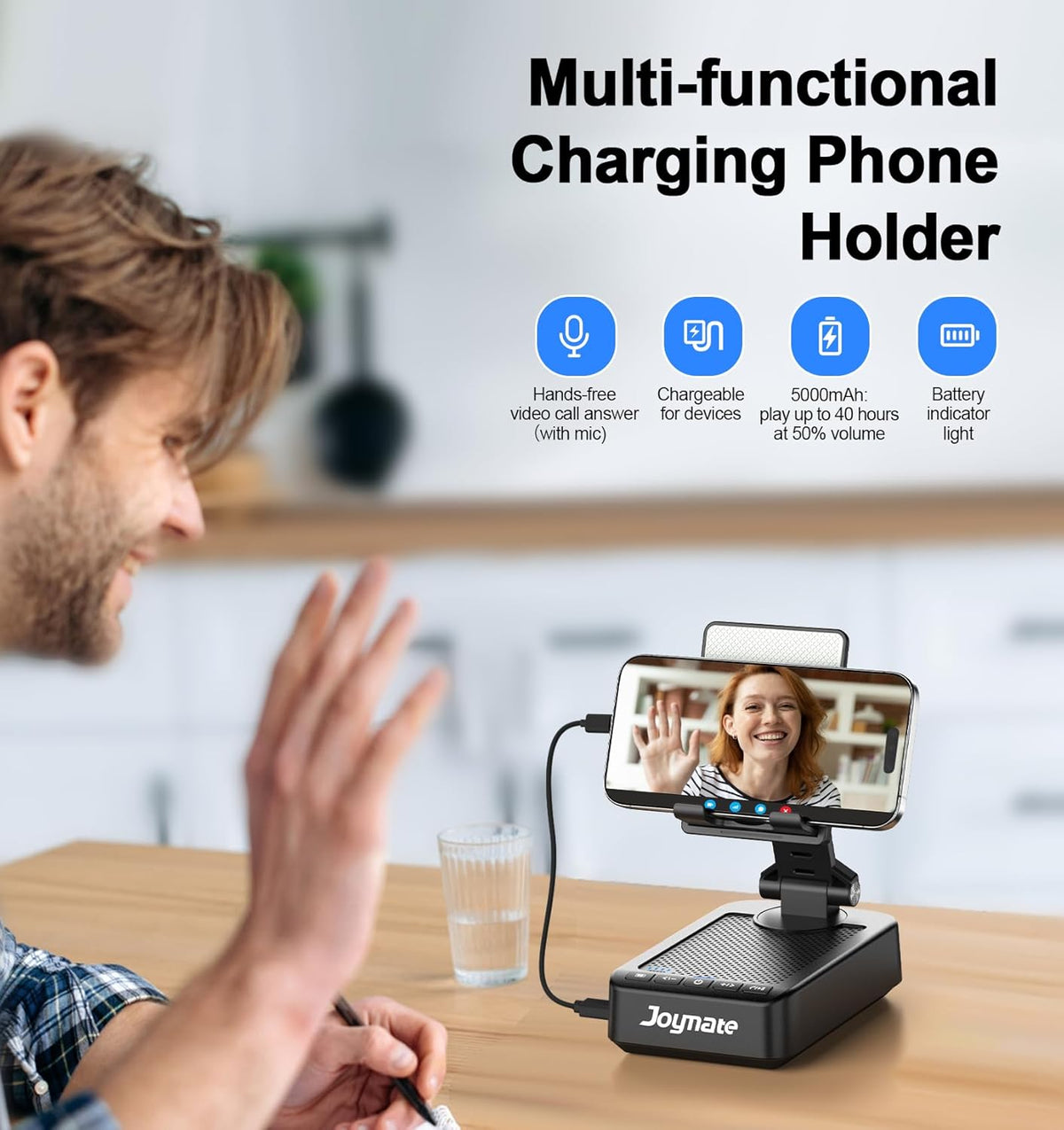 Gifts for Men Women, Phone Stand with Bluetooth Speaker and Charging Function 360° Rotable Angel Adjustable Cell Phone Holder with HD Stereo Sound Fits All Phones,Tablet (Black)
