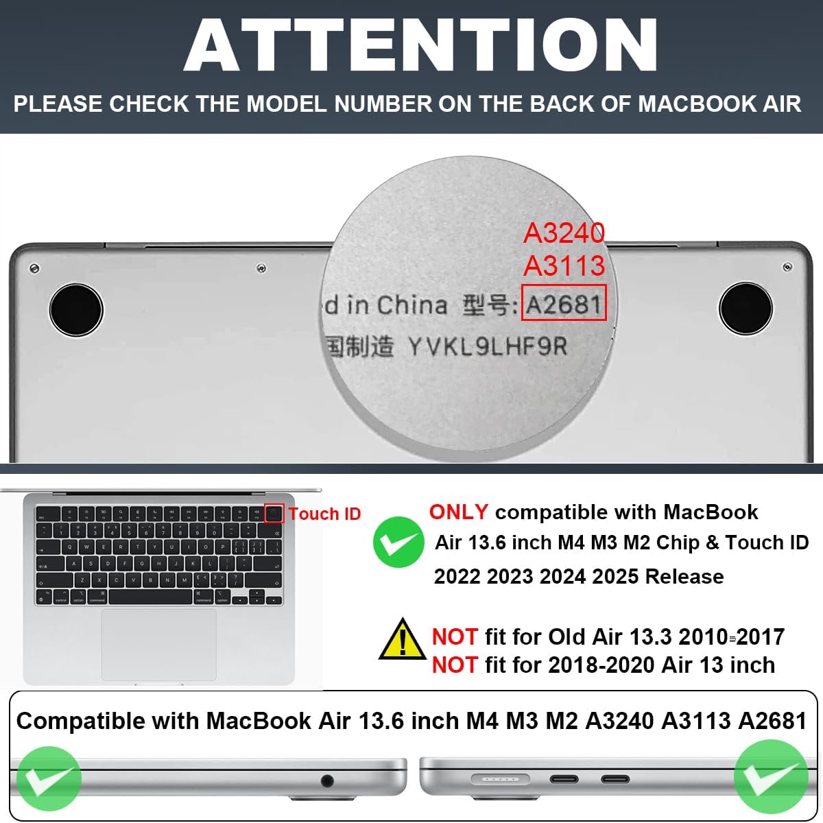 for M4 MacBook Air 13.6 Case 2025 2024 2023 2022 M3 A3113 A2681 M2 Chip, Pattern Plastic Matte Hard Shell Case Keyboard Skin for 2025 Mac Air 13.6 inch Cover M4 A3420 Touch ID, Gray Feather
