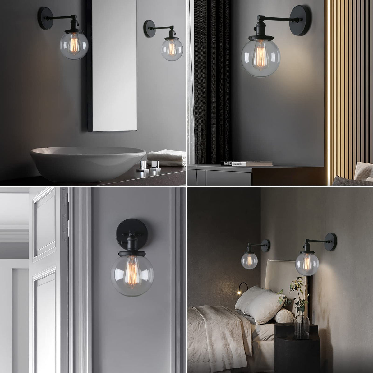 Phansthy Black Wall Sconce Light Industrial Wall Lamp with 5.9 Inches Glass Canopy and On Off Switch for Kitchen Bathroom Corridor (Black)
