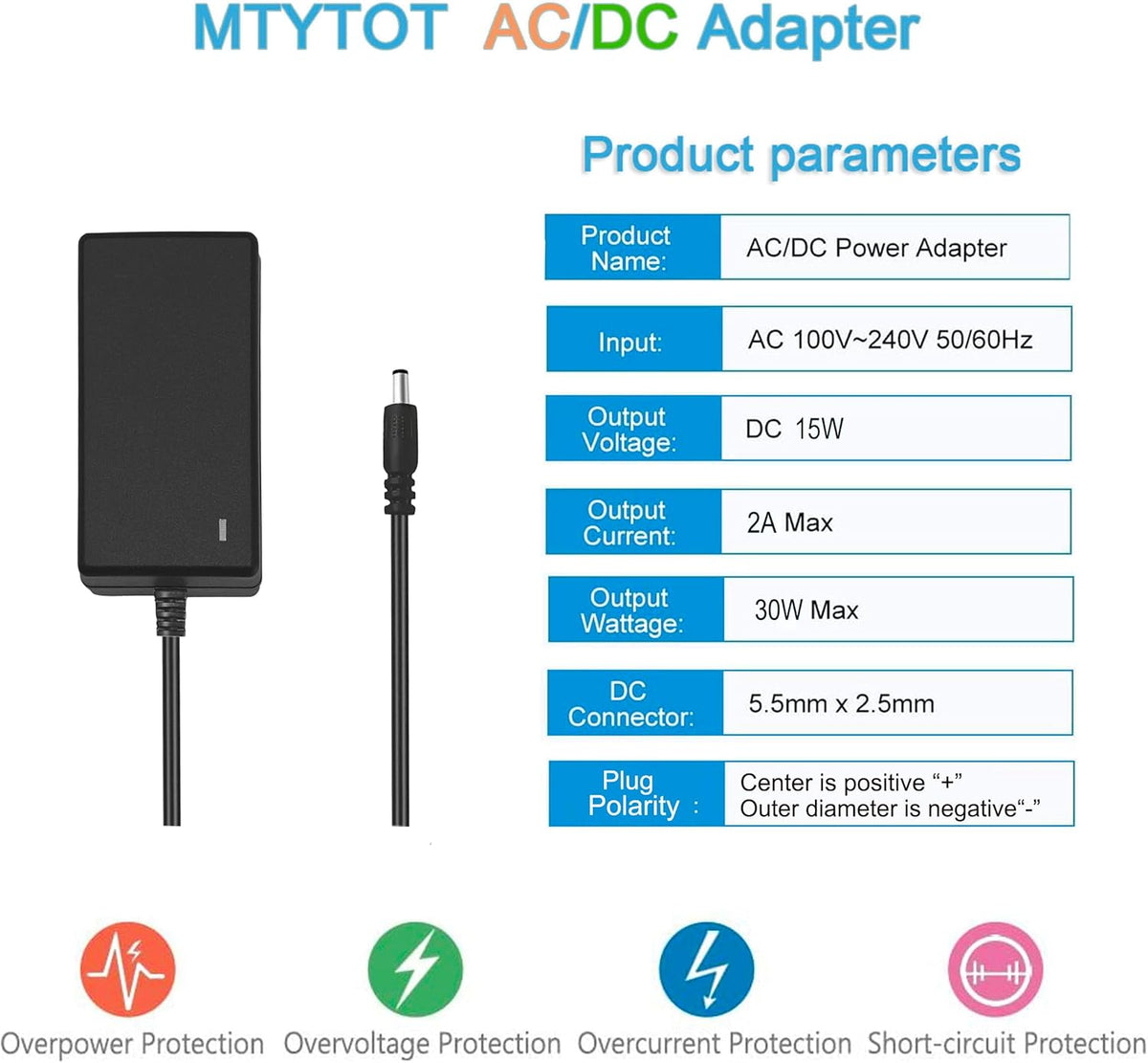 15V 2A DC Power Supply - AC 100V-240V Input to DC 15 Volt 2 Amp Adapter with 5.5mm x 2.5mm Plug and Size Tips