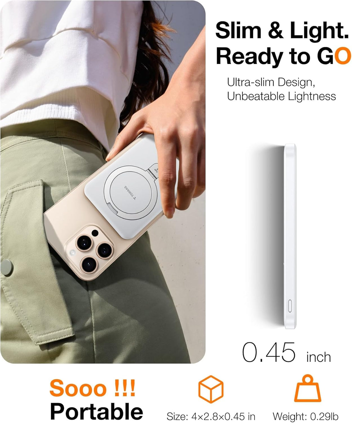 TORRAS 0.45" Slim Magnetic Portable Charger Power Bank for iPhone 5000 mAh 22.5W PD Fast Charging Wireless Battery Pack O Stand Compatible with Magsafe, i Phone 16 Pro Max, Pro,15,14,13,12, White