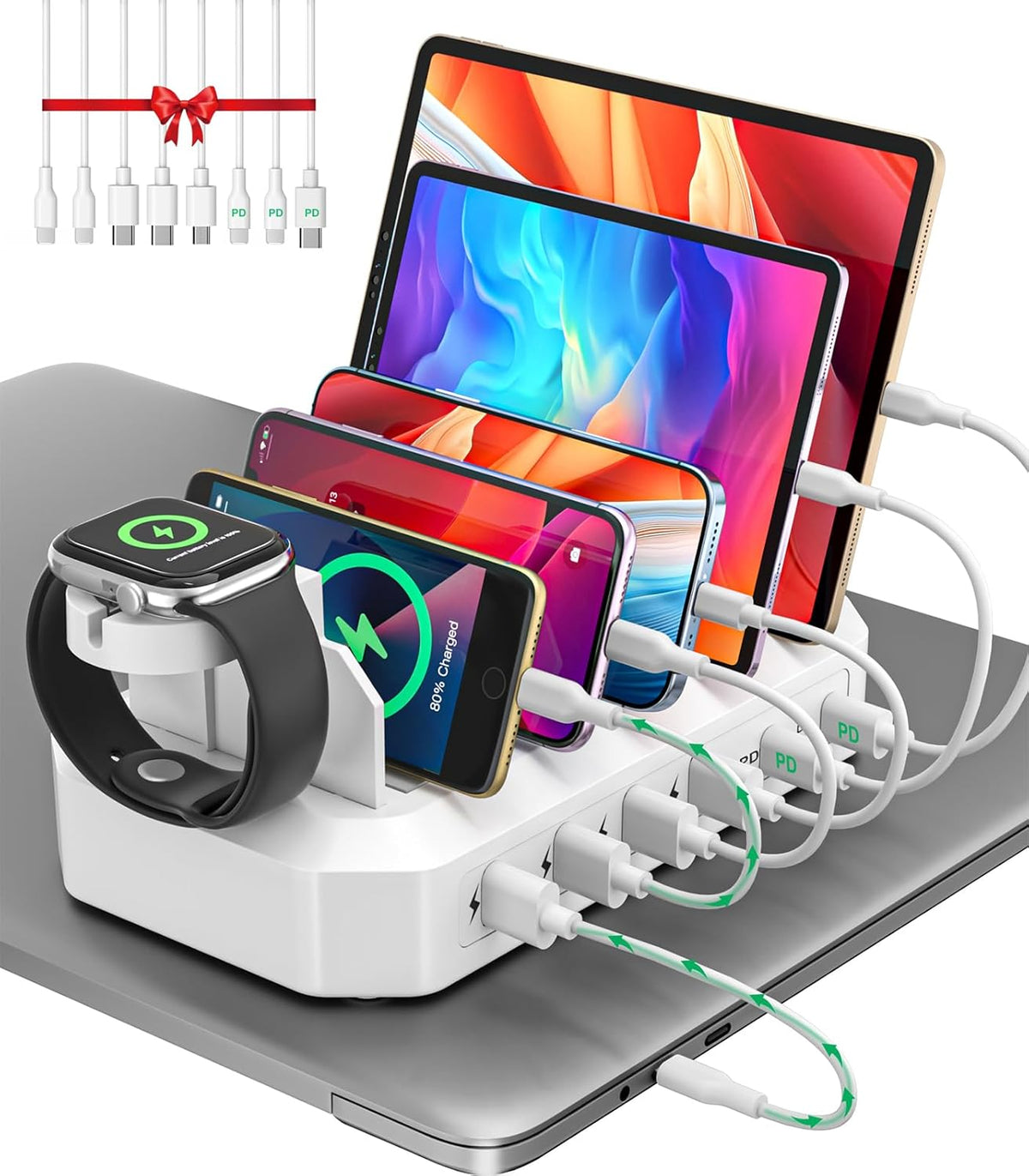 95W Fast Charging Station for Multiple Devices【UL & FCC Certified Safer Charging】 6-Port USB Charging Dock with 2 PD-Port, Compatible with iPhone/Android/MacBook/iPad/Tablet/Kindle/Apple Watch & More