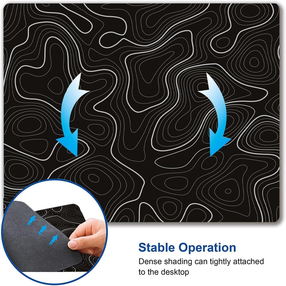 Topographic Contour Map Mouse Pad, Black Minimalist Mouse Mat Waterproof Non-Slip Rubber Base MousePads for Office Laptop Computer Desk