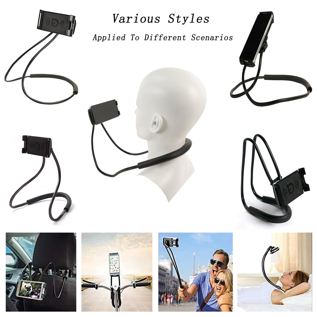 Universal Smart Mobile Phone Stand,Hanging on Neck Cell Phone Mount Holder, Lazy Cell Phone Holder (Black)