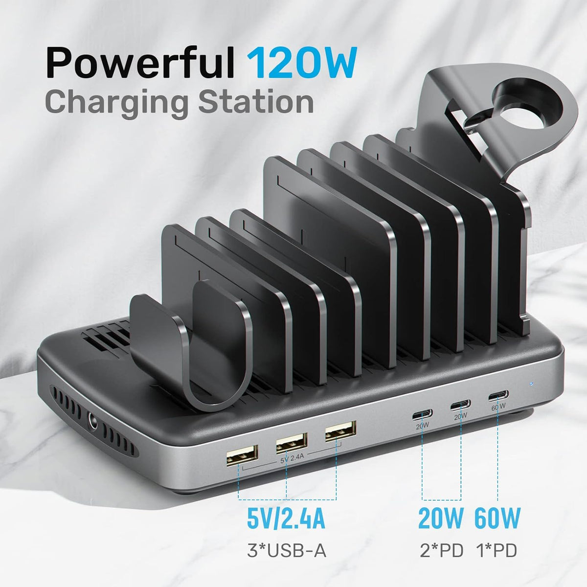 Unitek USB C Charging Station for Multiple Devices Apple, 120W 6 Port Charging Dock with Type-C PD 20W & PD 60W, Fast Charging Stand with Smartwatch & Airpods Holder for iPhone, iPad, Tablet, MacBook