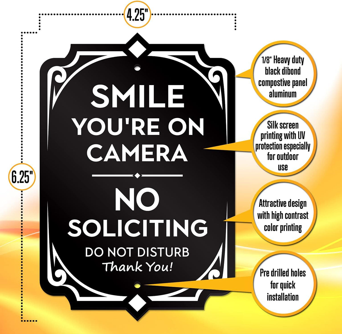 Smile You’re on Camera Door Sign - No Soliciting Security House Sign, 6.25” X 4.25”, Heavy-Duty Weather-Resistant,