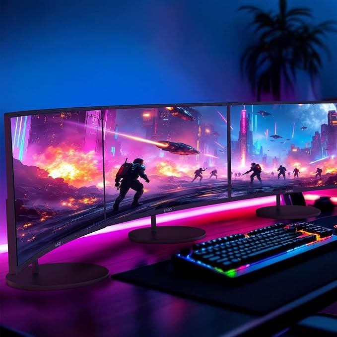 Kado Triple Monitor Setup - 3-Pack 27 1920x1080 Curved Computer Monitor 1500R 75Hz VESA Mount HDMI Office Gaming Hybrid Sim Racing Built-in Speakers (C27 Trio Series)