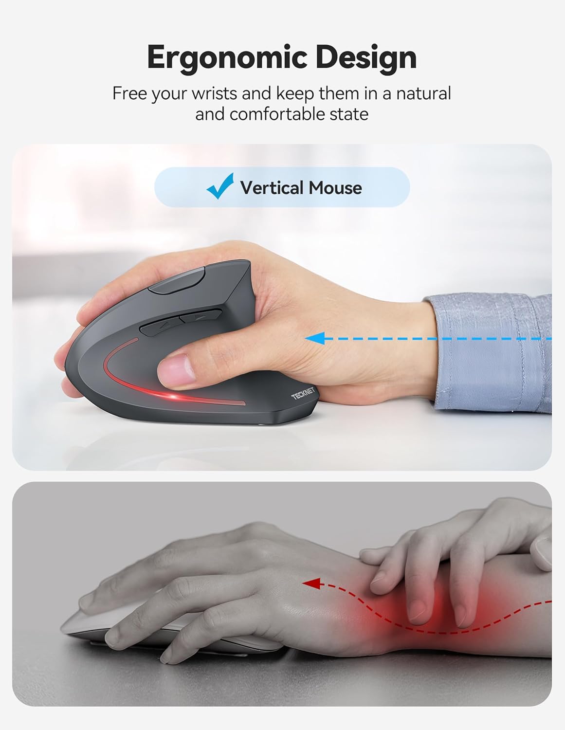 TECKNET Ergonomic Mouse, Rechargeable 2.4G+Bluetooth Vertical Mice 6 DPI Adjustable, Wireless Optical Carpal Tunnel Mouse for Right Hand, Silent 6 Buttons for Laptop, PC, MacBook, iPad - Grey