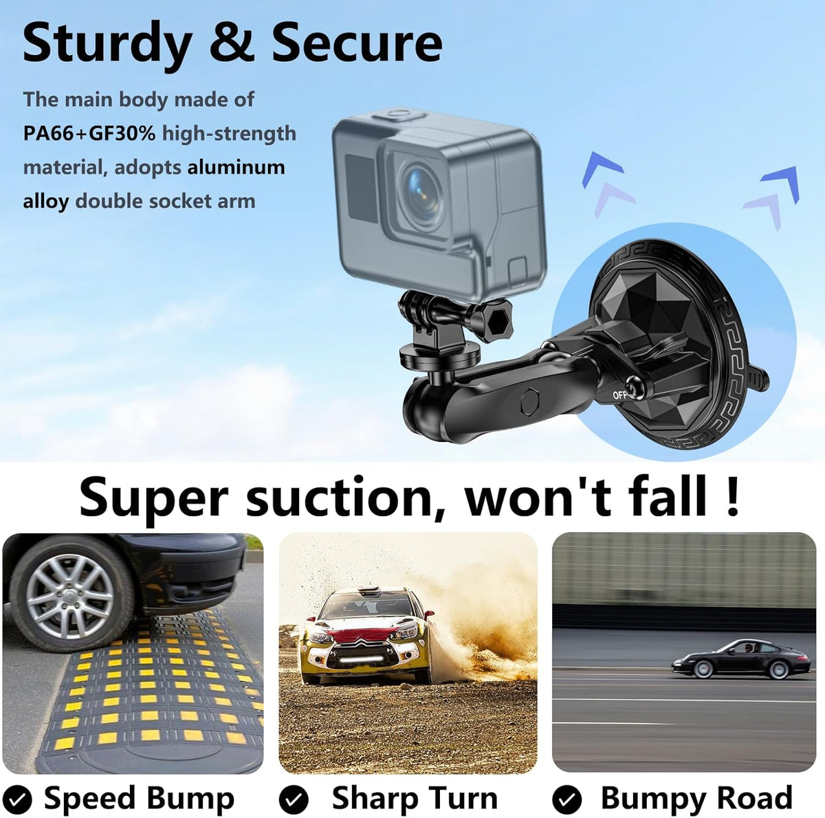 Camera Suction Cup Mount with Ball Head Magic Arm, Twist-Lock Composite Suction Cup Mount on Car Boat Windshield Window with 1/4"-20 Threaded for Action Camera/Camcorder/Phone Holder
