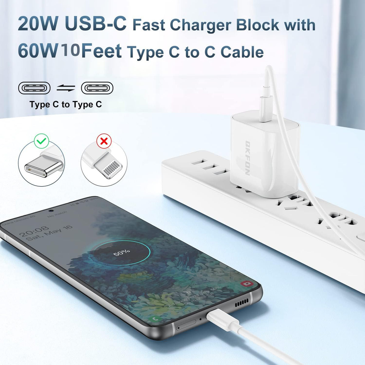 20W USB C Fast Charger Block & 10 Ft Type C to C Cable (60W) for iPhone 15 Pro Max, iPad, MacBook, Samsung.