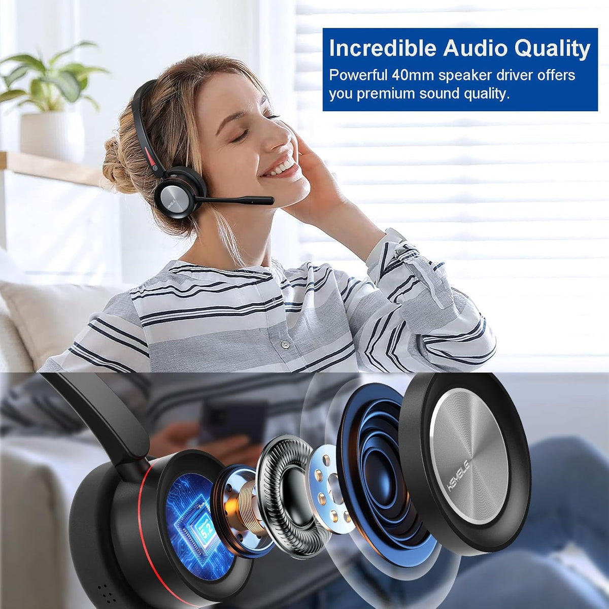 Wireless Bluetooth Headset with Microphone for PC/Computer/Laptop/Cellphone, Bluetooth Headphones with Mic Mute & USB