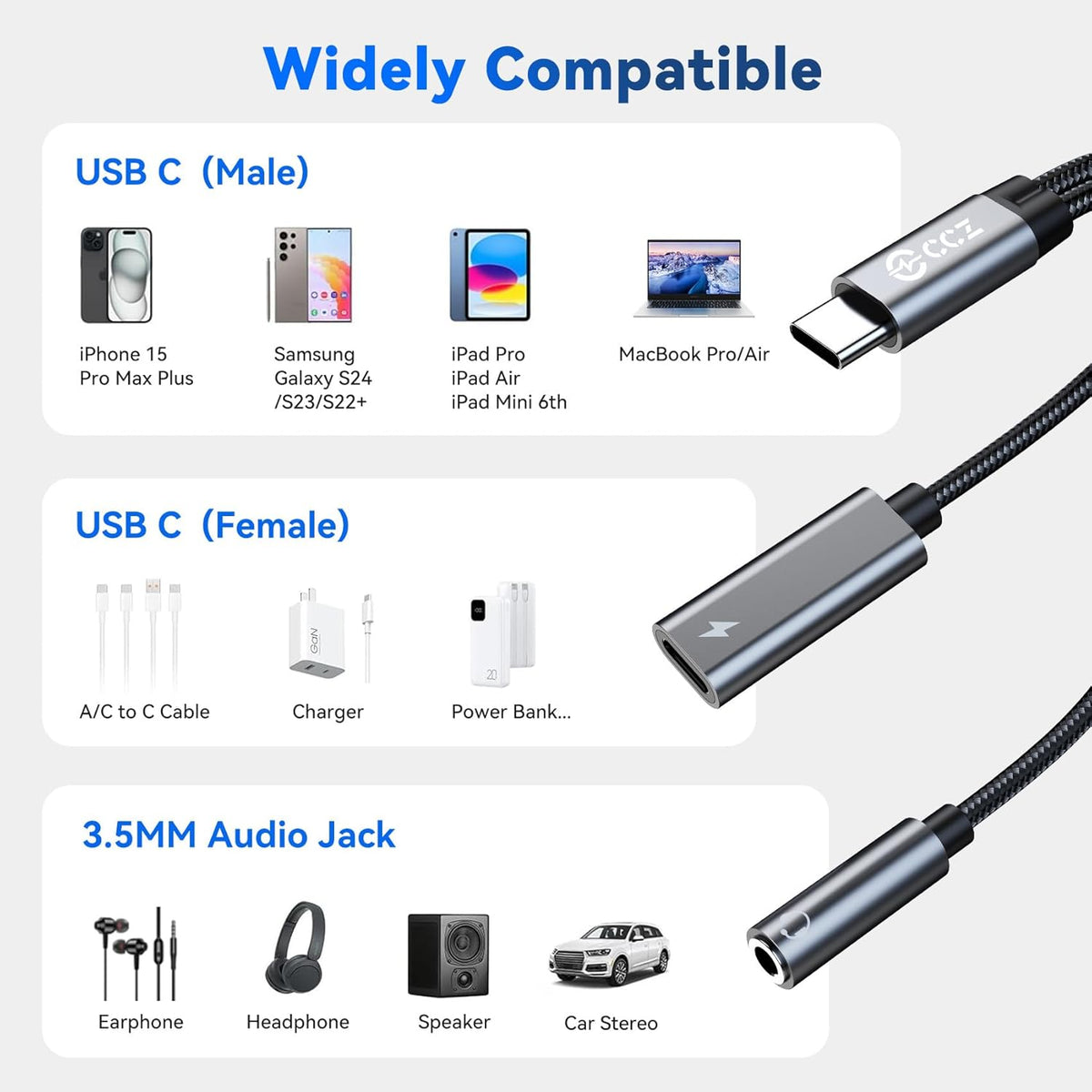 USB Type C to 3.5mm Headphone and Charger Adapter,2 in 1 USB C to Aux Audio Jack Hi-Res DAC with Charging for Earphones,Compatible with Samsung Galaxy S25/S24/S23/S22+(USB-3.5MM, 5Pack)