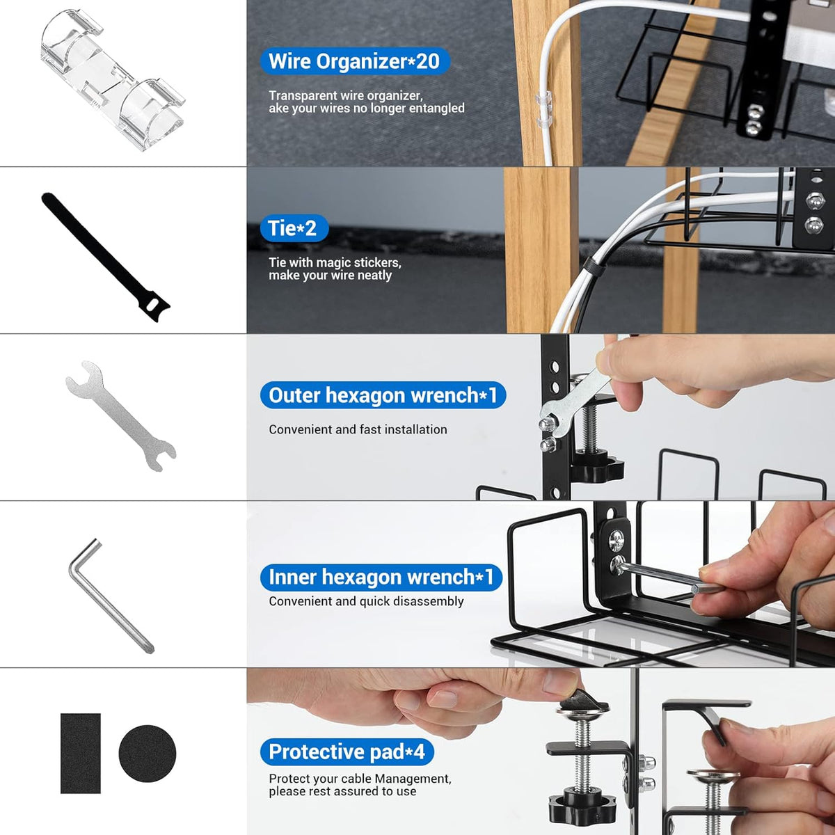LUXEAR Under Desk Cable Management Tray 2Pack, Adjustable Removable Docking Station Wires Holder Rack, No Drill C-Clamp