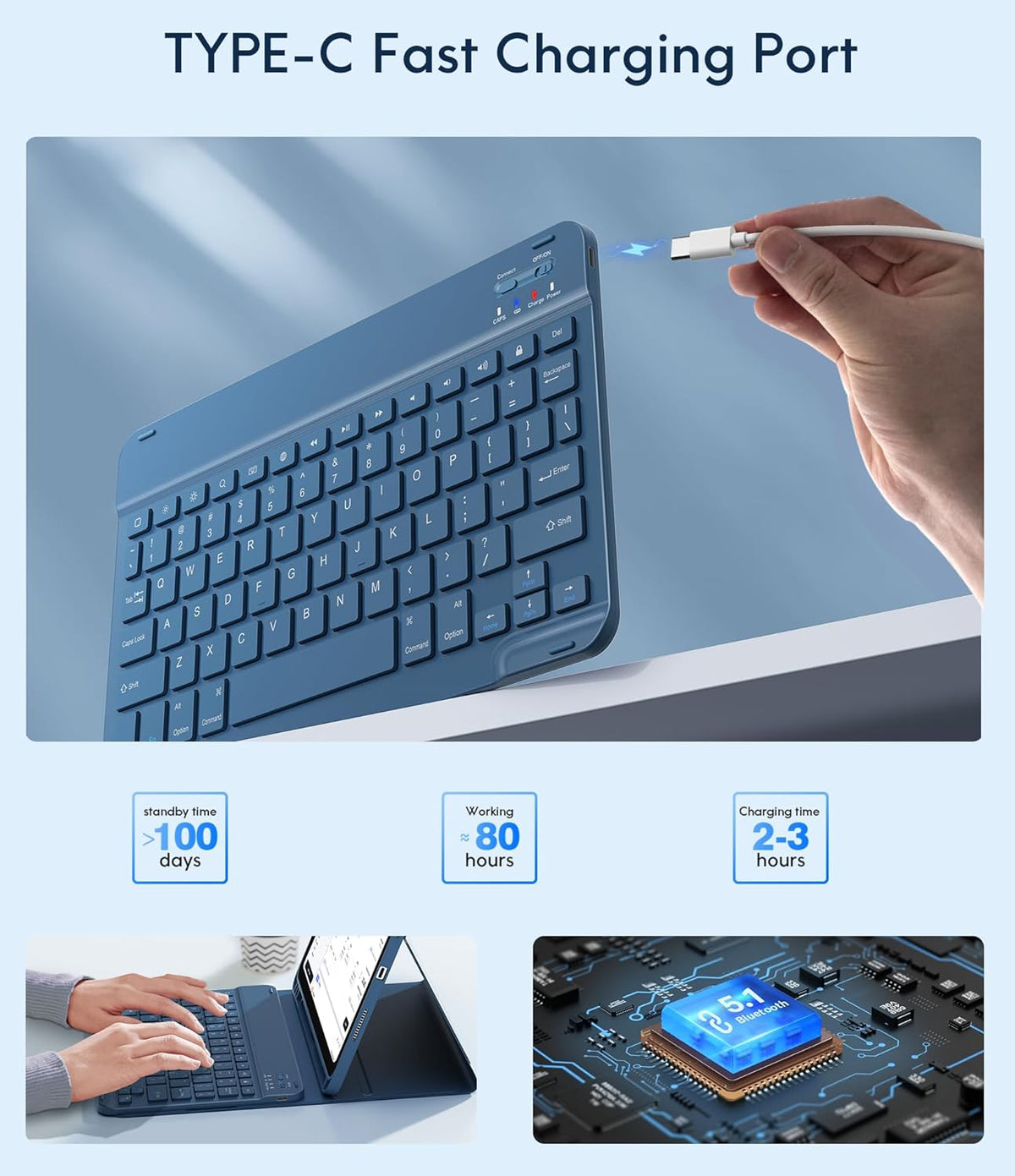 CHESONA Keyboard Case for iPad (A16) 11th/10th Generation (2025/2022), Detachable Wireless Keyboard, Stand Folio Keyboard Cover with Pencil Holder, Thin & Light (Steel Blue)