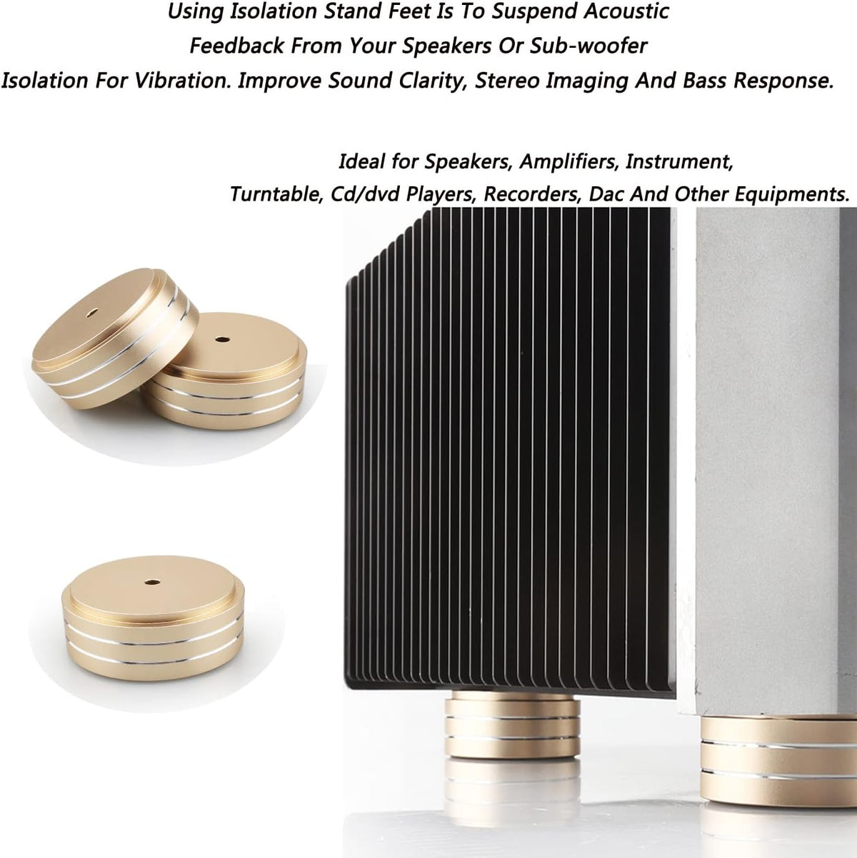 Tertullus 4 Pcs Speaker Feet Aluminum HiFi Turntable Feet Isolation Feet Aluminum Stand Speakers Spikes Audio Pads 58x22mm for HiFi Amplifier/Speaker/Turntable/Player(Gold)