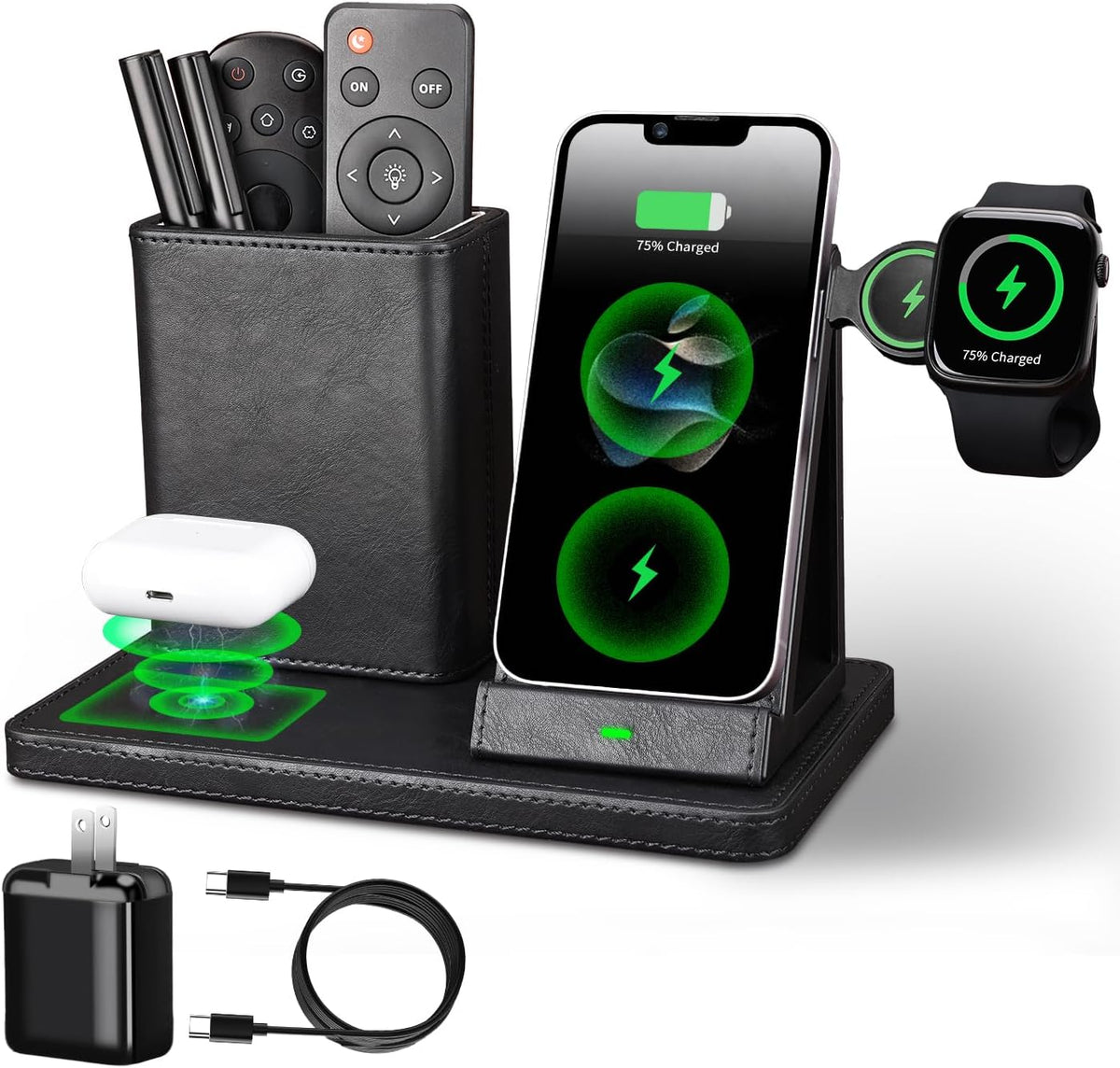 Office Supplies Desk Accessories,Pen Holder Remote Control Holder, Organizer with Phone Charger,Nightstand Desktop Organizer,Black Leather Desk Organizer With Charging Station (black)