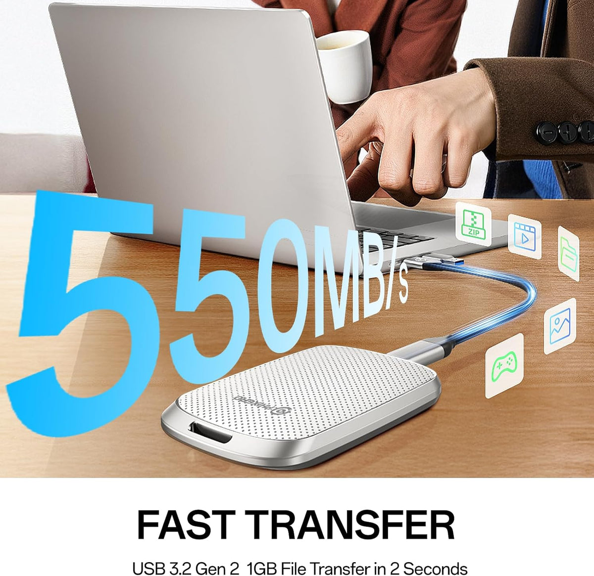 PHIXERO P5PLUS Portable SSD 1TB Up to 550MB/s, USB 3.2 Gen 2 External Solid State Drive，USB C to C&A for Smartphone，Tablet，PC，Labtop (White)