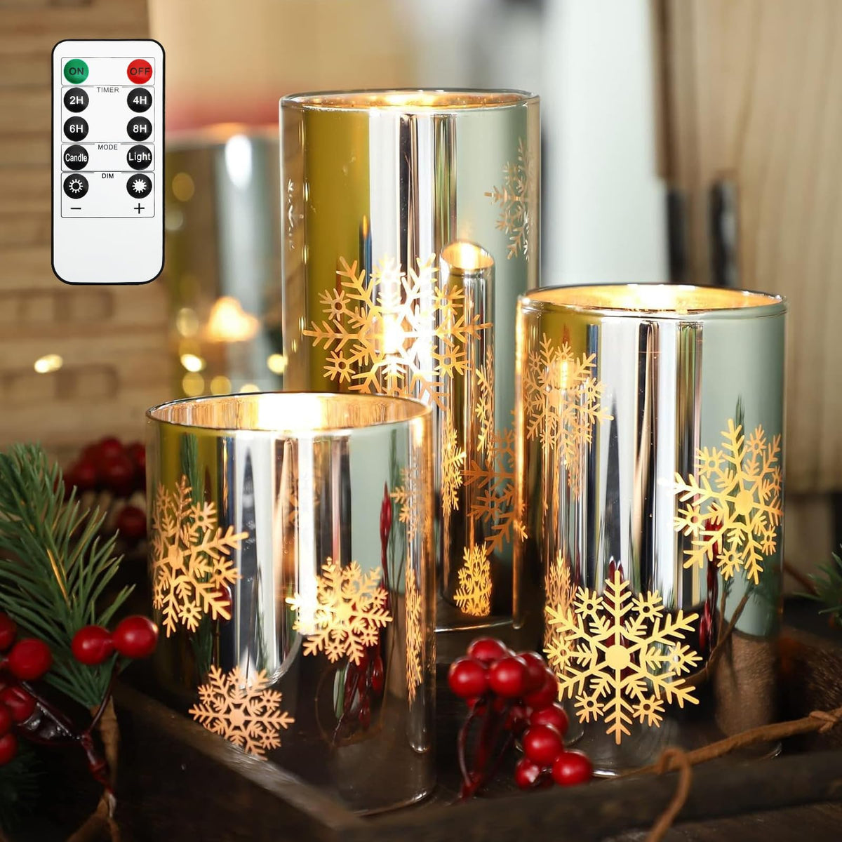 FLAVCHARM Snowflake LED Flameless Candles with Remote and Timer, Electroplate Glass Candles Operated by Battery, Christmas LED Flickering Candles