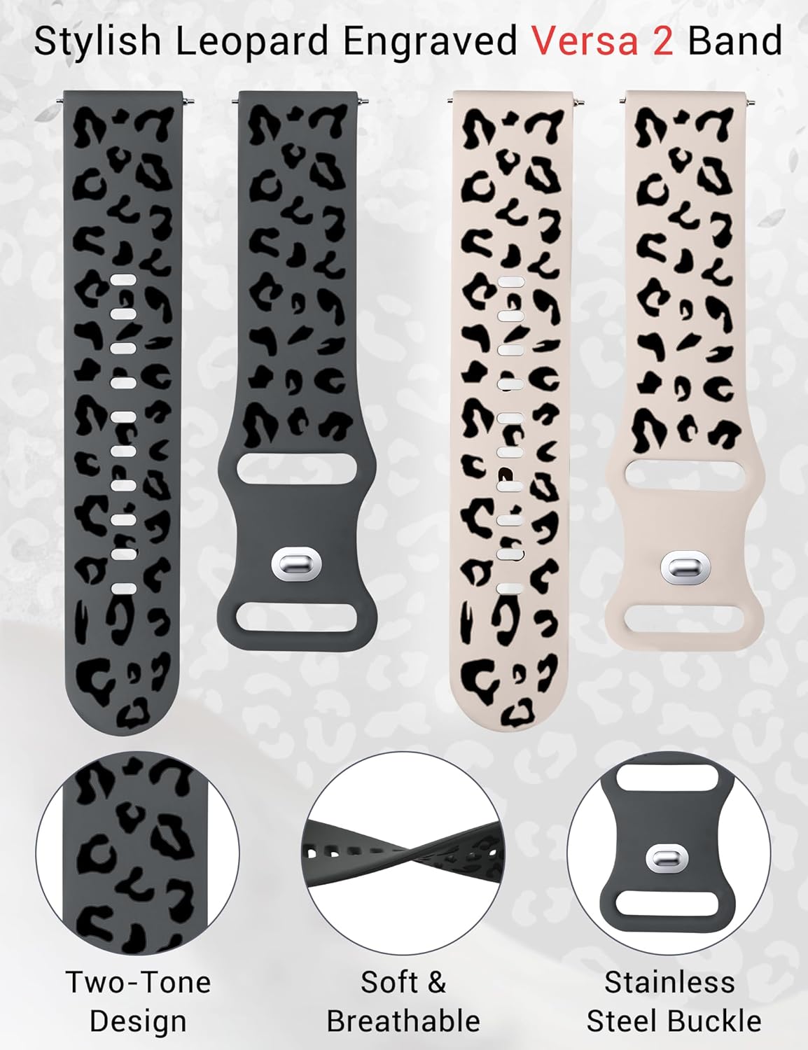 Minyee 2 Packs Leopard Engraved Band for Fitbit Versa 2/Versa/Versa Lite, Two-Tone Cheetah Soft Silicone Sport Strap