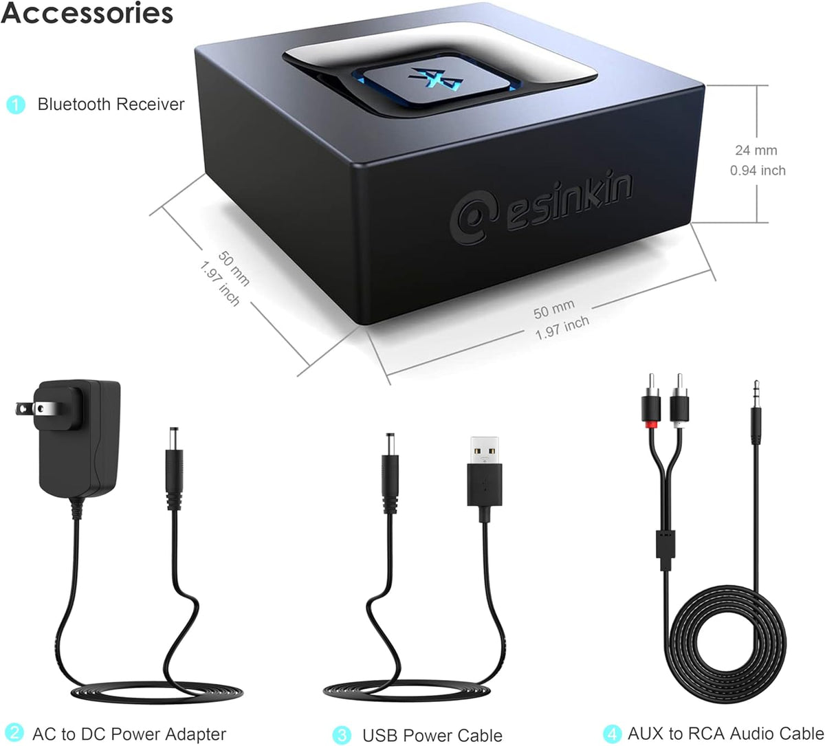 esinkin Bluetooth Audio Adapter for Music Streaming Sound System, Wireless Audio Adapter Works with Smartphones and Tablets, Bluetooth Receiver for Home Stereo
