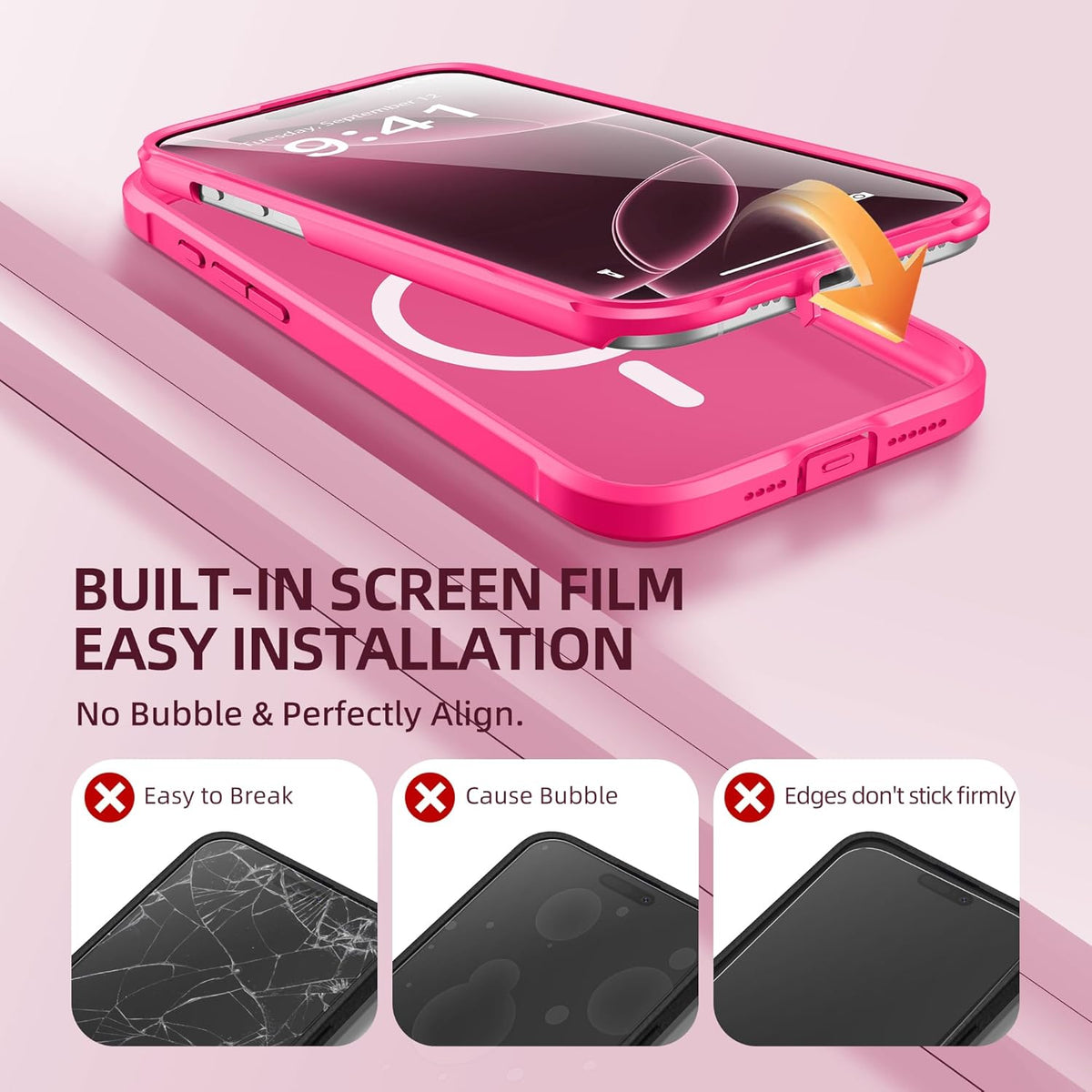 BERFY Magnetic for iPhone 16 Pro Max Case, Compatible with MagSafe, [Built-in 9H Tempered Glass Screen Protector & Camera Protection] Full Body Translucent Matte Phone case for 16 Pro Max, Hot Pink