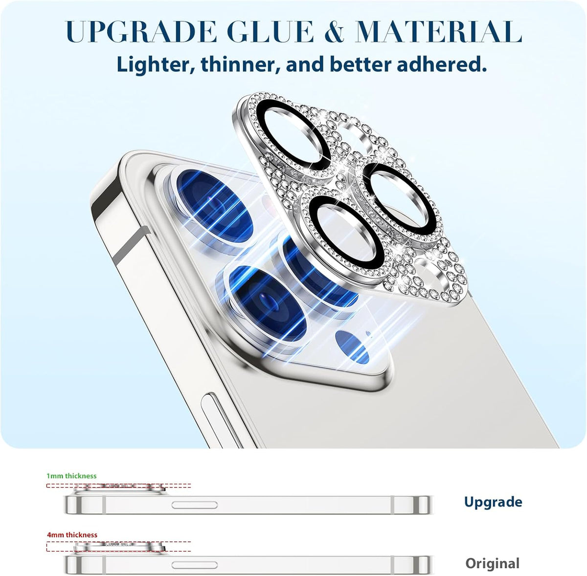 Goton Camera Lens Protector for iPhone 15 Pro Max & 15 Pro - Bling Glitter Diamond Metal, Tempered Glass, Silver.