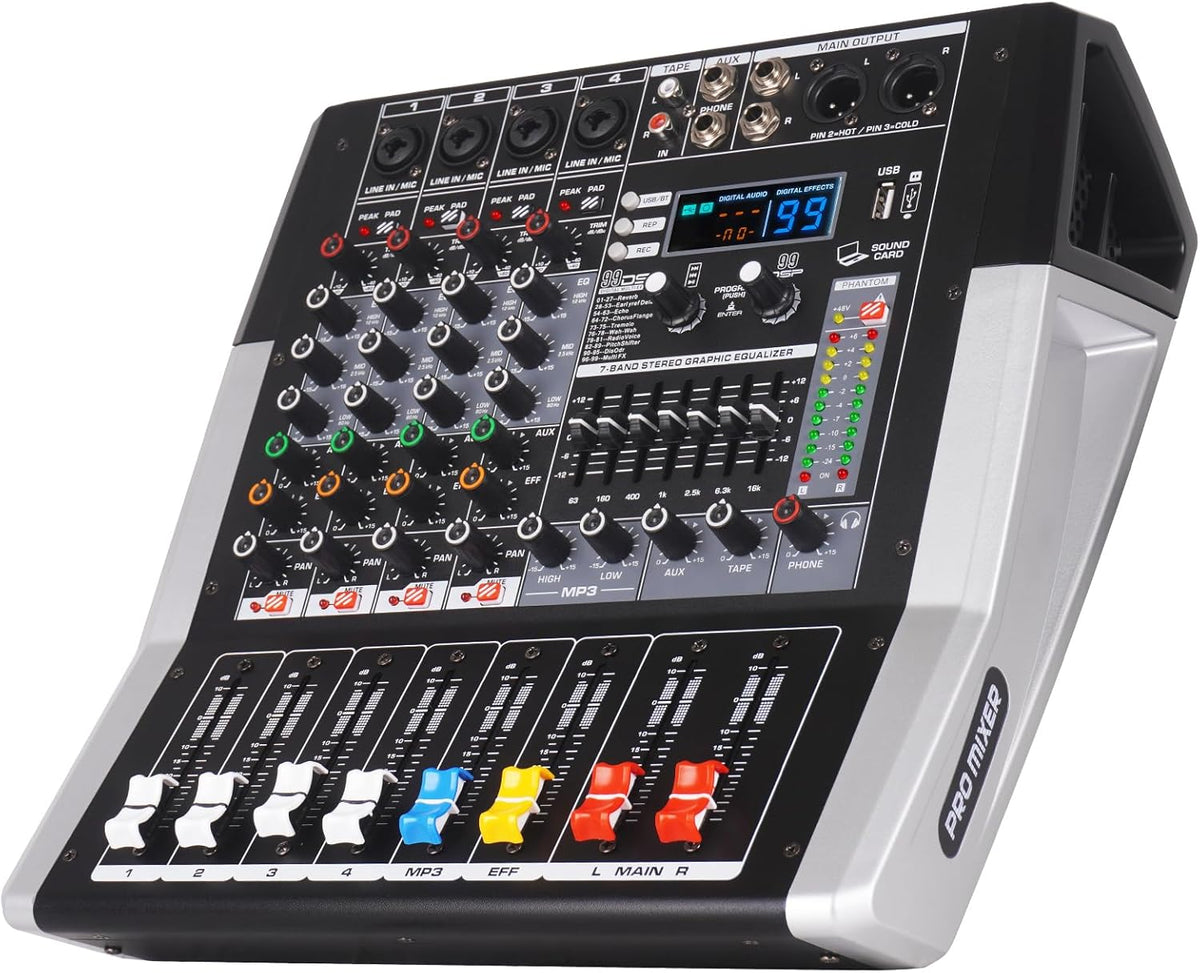 TF400 Dj Mixer 4 Channel Audio Mixer Bluetooth Sound Bar with Power Amplifier 2 * 350W Power Output Powered Mixer USB Audio Interface Sound Mixer with 99 DSP FX Reverb Effects for Streaming Media