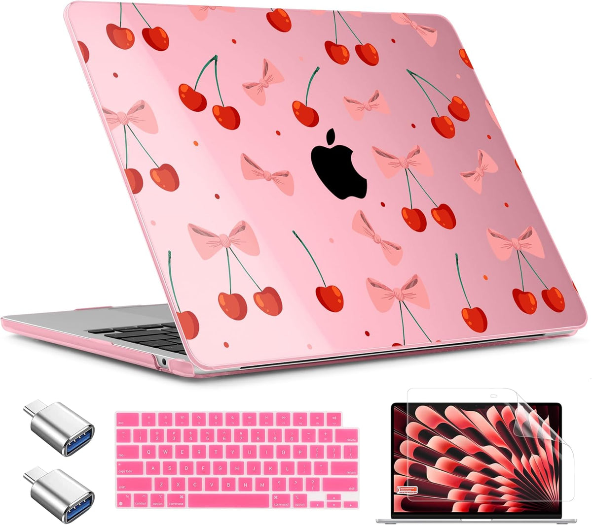 TWOLSKOO Compatible with M4 MacBook Air 13.6 inch Case 2025-2022 Release M4 A3240 M3 A3113 M2 A2681, Plastic Hard Shell & Keyboard Cover & Type C Adapter & Screen Protector, Cute Cherry
