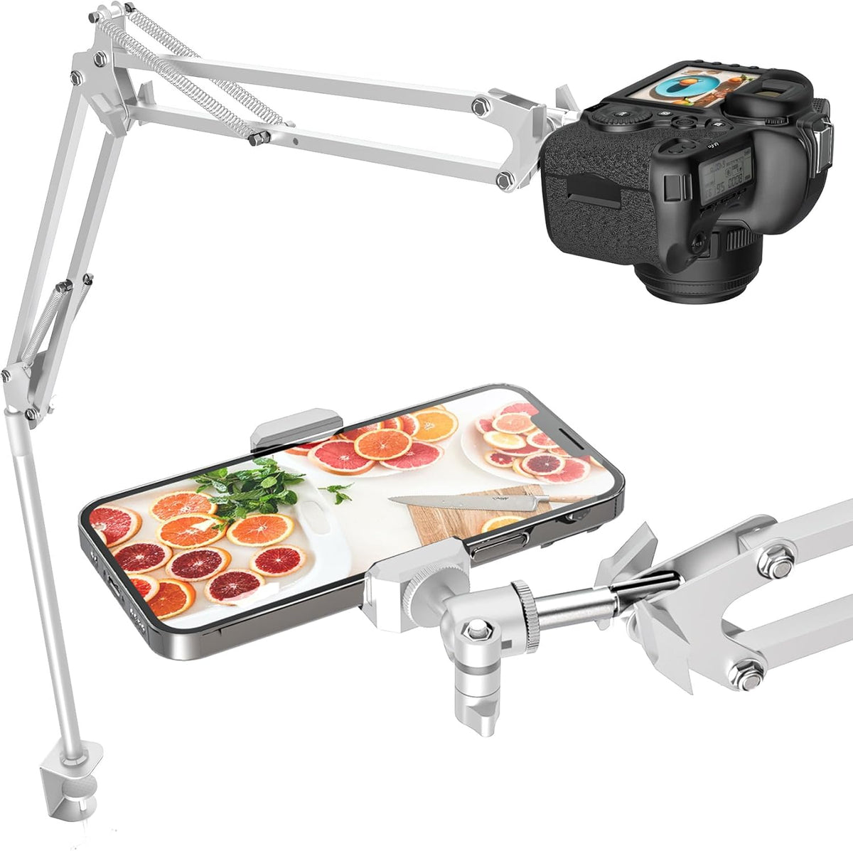 Overhead Camera Mount, 5lb Horizontal Load-Bearing, 360° Adjustable Stand for Desk, Flexible Arm Desk Mount, with Phone Clamp, Tabletop Mount for DSLR Camera/Webcam/Microphone（White