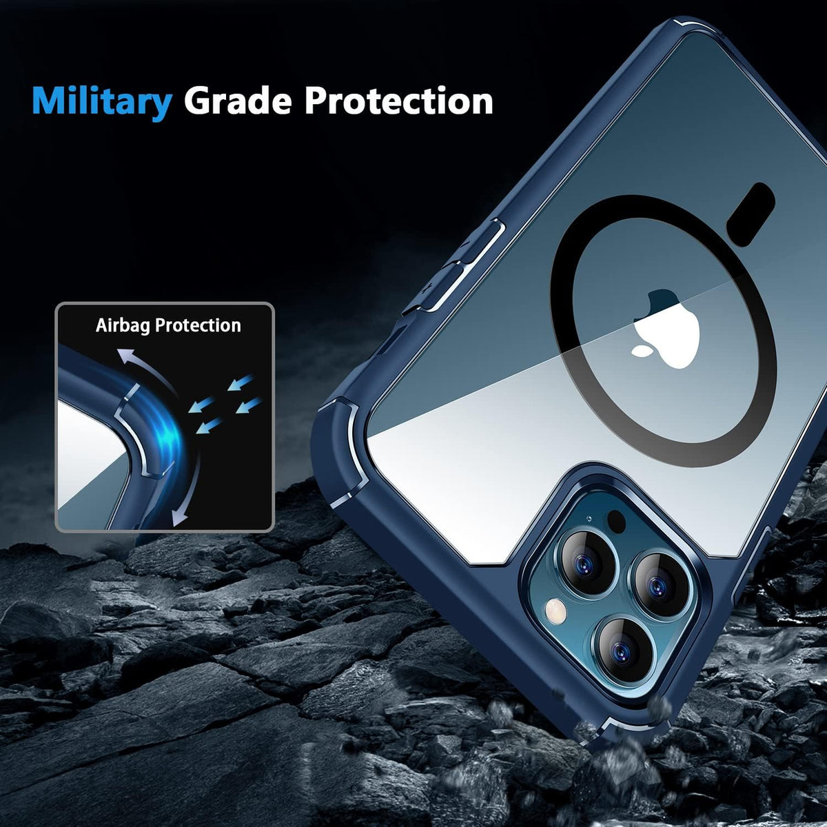 Amizee iPhone 12 Pro Max Magnetic Case with Screen & Camera Protectors, Clear Shockproof, MagSafe Compatible (Blue)