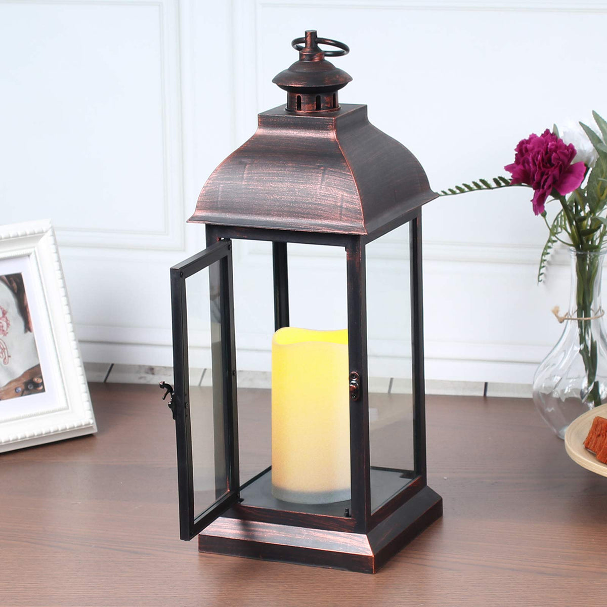 Yucanucax Decorative Lantern With Flameless Led Candle Light, Outdoor/Indoor Led Lantern, The Door-Open H16 Decorative Lantern,T