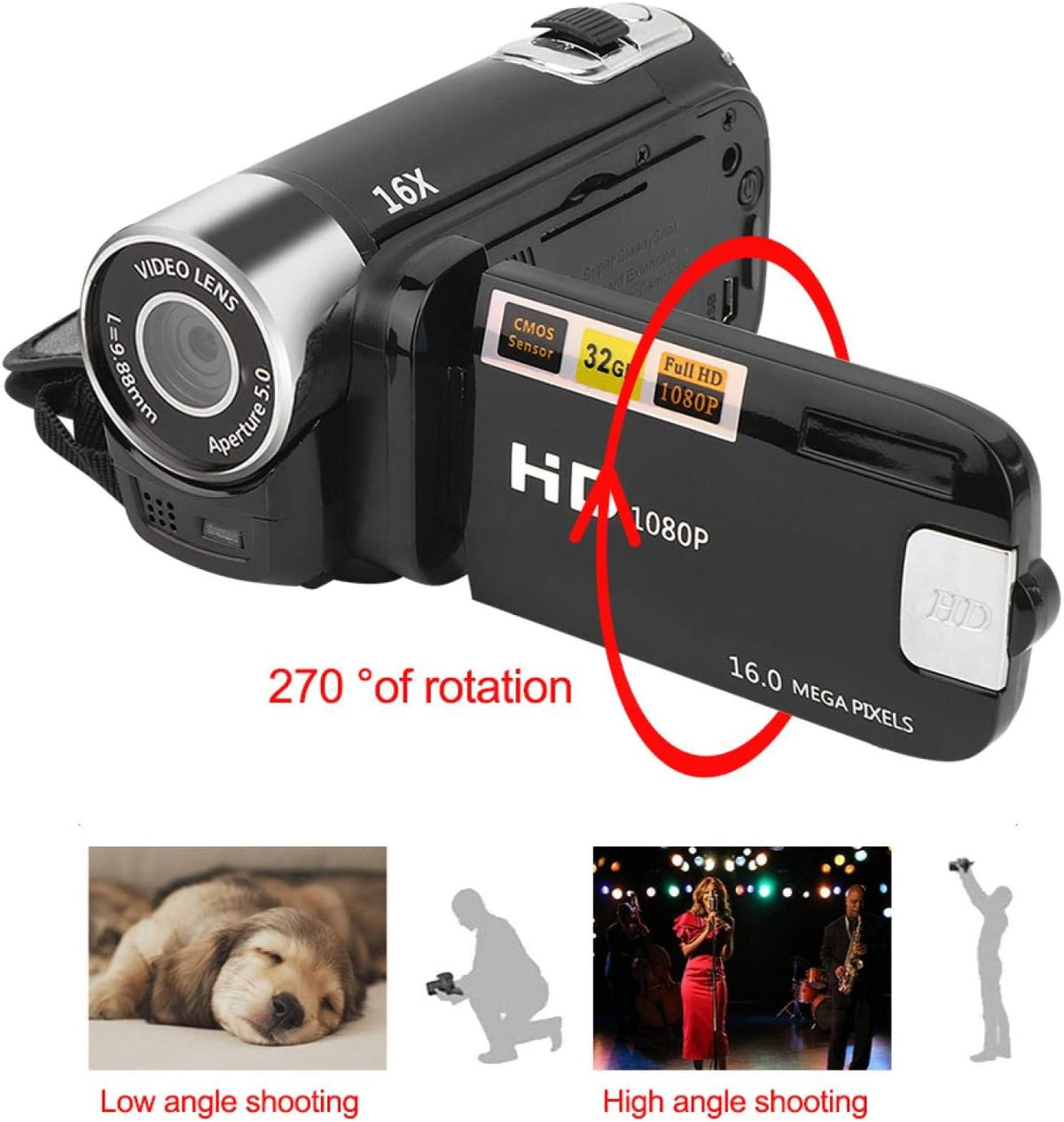 Hilitand 1080P 16MP 2.7 Inch 16X Camcorder, Full HD Video Camera with Digital Camera, Rotating LCD Screen, Digital