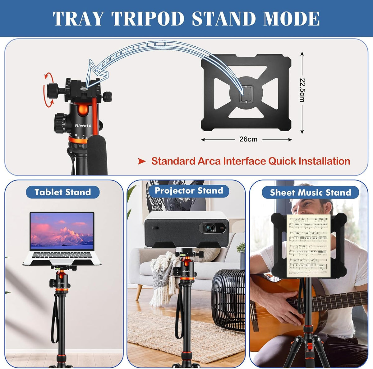 Camera Tripods & Projector Stand, 2 in1 Tripod for Camera with Removable Metal Tray, Heavy Duty Tripod for DSLR. Projector. Sheet Music and Tablet, Extra Metal Spikes and Carry Bag