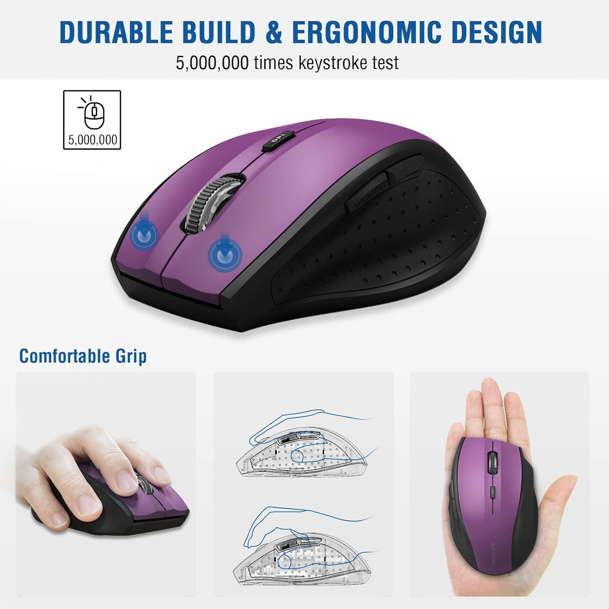 E-YOOSO Wireless Mouse for Laptop, Portable Optical Computer Mouse, 6 Buttons, Cordless 2.4GHz with USB Receiver, 5-Level 4800 DPI, 18 Months Battery Life, for PC, Chromebook, Windows, Mac(Purple)