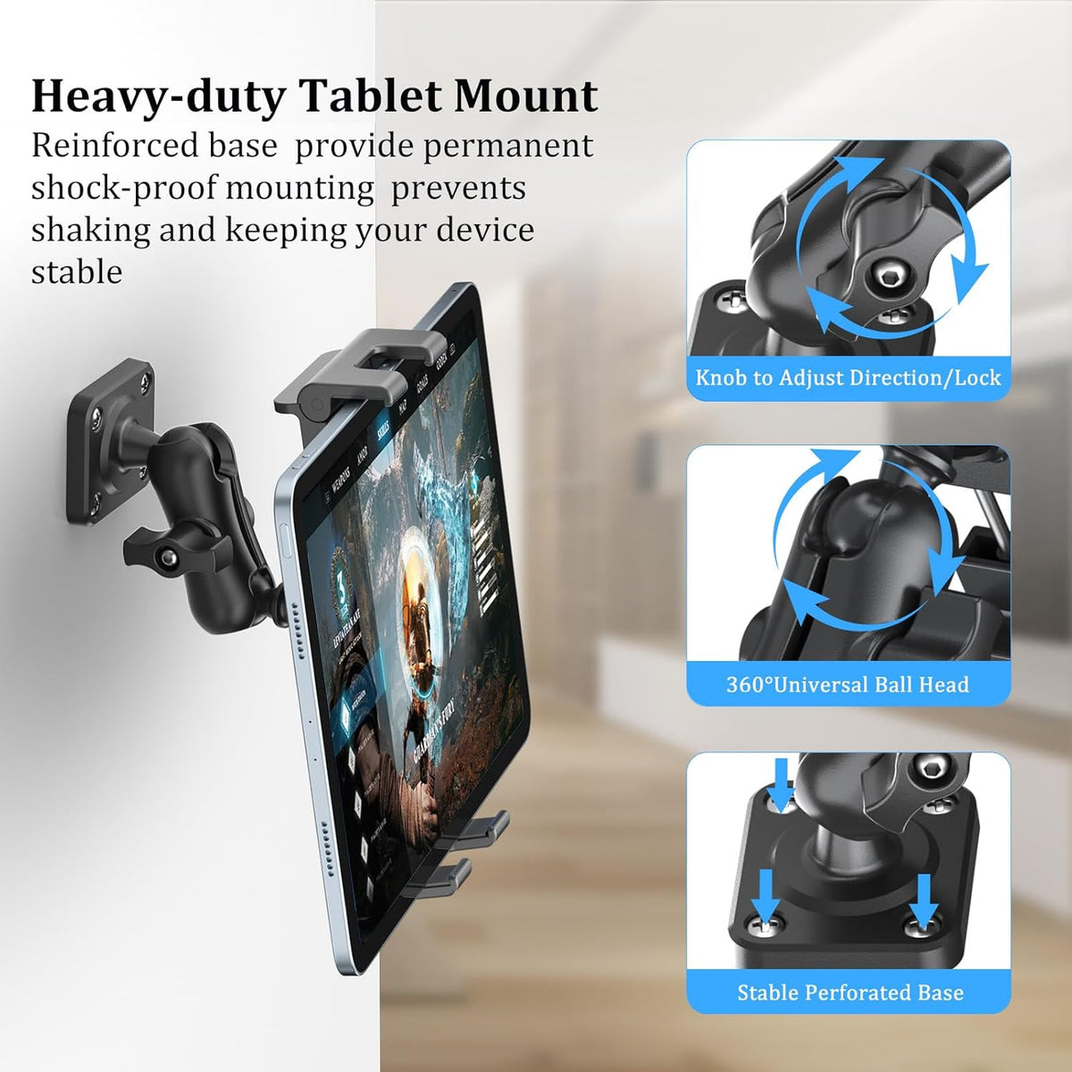 PLDHPRO Tablet Wall Mount Holder with Drill Base, Adjustable iPad Wall Mounted Stand Compatible with 5.1'' - 15.6'' Phones Tablets for Truck Dashboard Desk Kitchen Cabinet