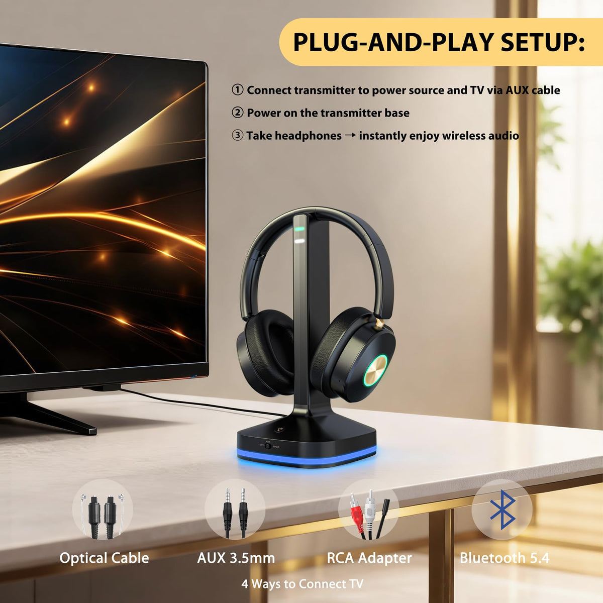 Wireless Headphones for TV Watching, TV Headphones Wireless for Seniors with Low Latency , V5.4 Over Ear Headphones with Digital Optical RCA AUX 3.5