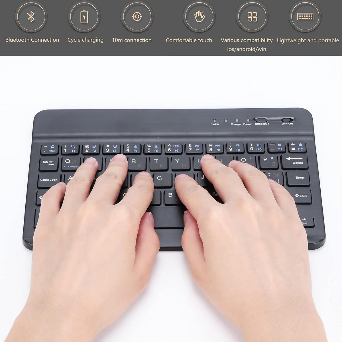 Thin 7 Inch Rechargeable Russian Keyboard, Bilingual Bluetooth for Android, Windows, iOS