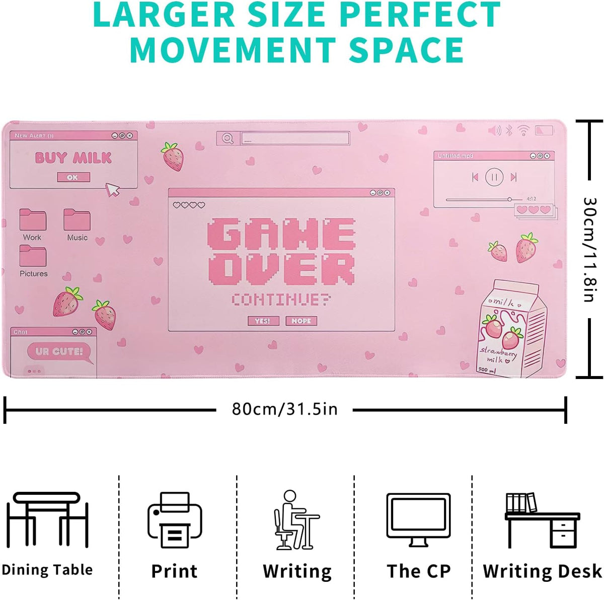Pink Gaming Mouse Pad 31.5x11.8 Inch Pastel Game Over Large Mousepad Kawaii Office Decor for Women Non-Slip Rubber Base Stitched Edges Keyboard Mouse Mat Desk Pad for Office Home and Game