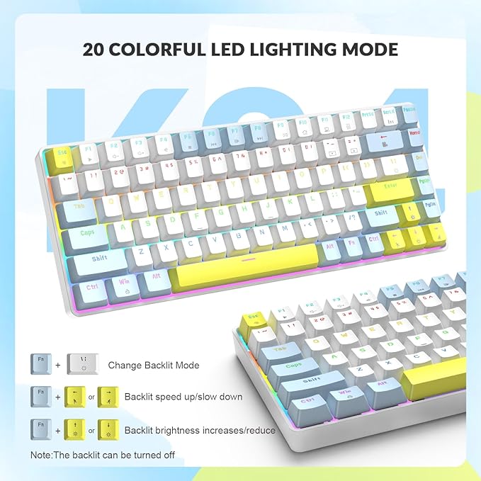 K84 75% Mechanical Gaming Keyboard84 Keys TKL Layout Compact KeyboardHot Swappable18 LED BacklitAnti-ghostingwith Pro Coiled USB-C CableErgonomicPortablefor PCMac (LemonRed Switch)
