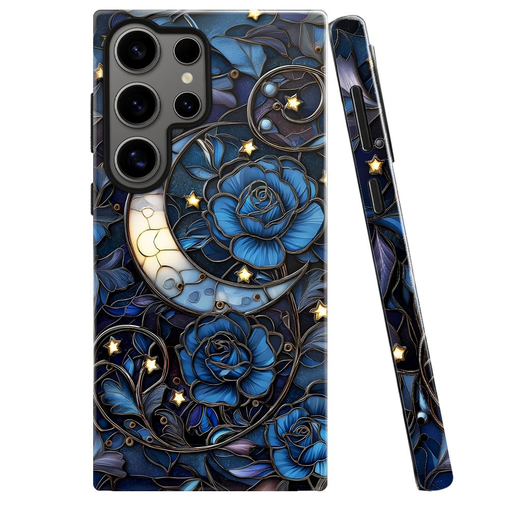 Case For Samsung Galaxy S24 Ultra,Stained Glass Moon Mosaic Dark Academia Phone Case Military-Grade Drop Protection Cover For Wo