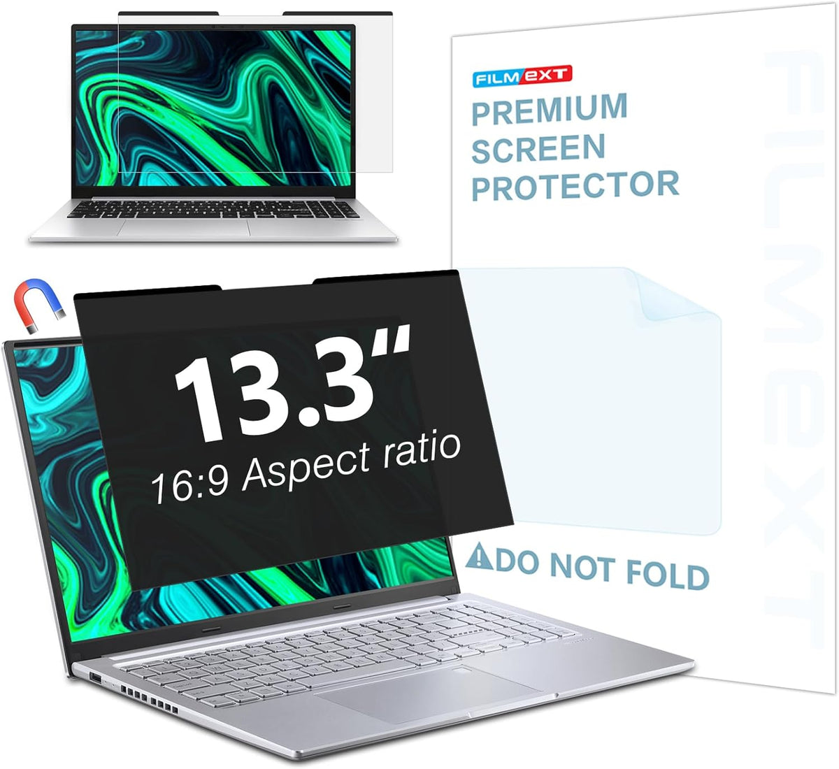 FILMEXT Magnetic Laptop privacy screen 13.3 inch for 16:9 Widedisplay, Removable Laptop Privacy Screen Shield Anti Glare Blue Light Filter for HP/Dell/Acer/Lenovo/Asus
