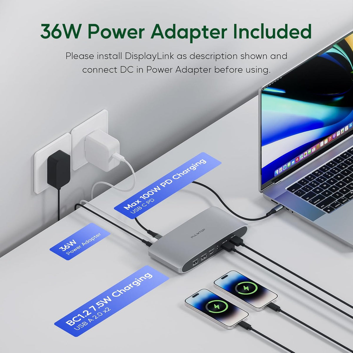 Displaylink Docking Station, Triple Display DisplayLink Dock for MacBook M1/M2/M3 Windows, 4K@60Hz Laptop Docking Station with 2 HDMI, 2 Display Port, PD, USB C Data, 4 USBA, Ethernet, Audio