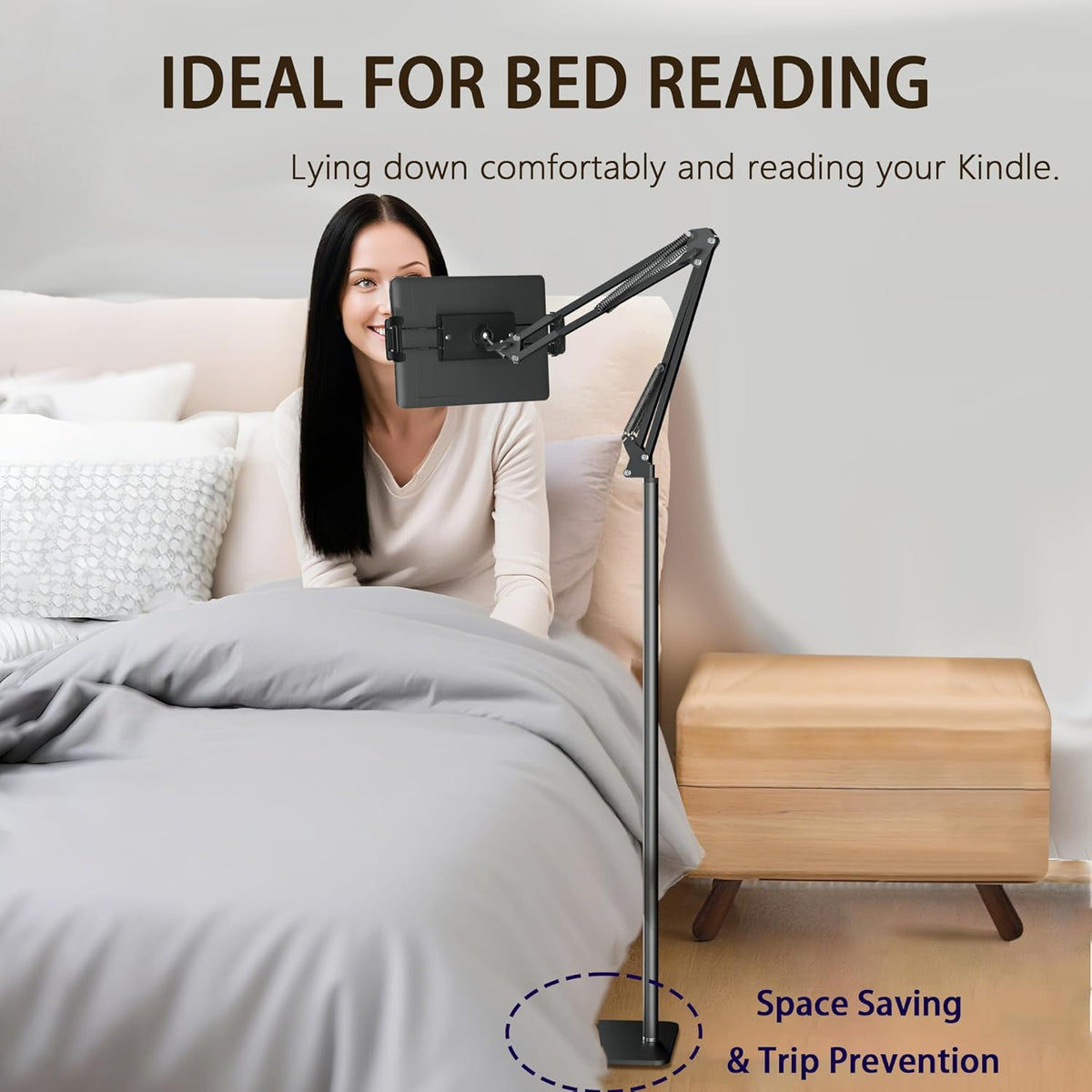 Tablet Floor Stand & Kindle Holder, Overhead Bed Reading Stand with 360° Rotatable Clamp and Height Adjustable Flexible Long Arm, Compatible with Kindle, iPad mini/Air/Pro, and 4.7-14 Inch Devices